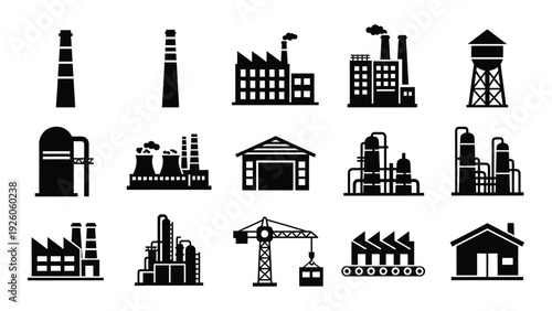 A collection of industrial and factory icons in black and white isolated on white background, Vector