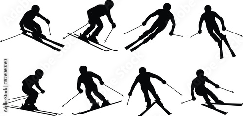 Skier silhouettes collection isolated on white background, winter sport downhill skiing action vector illustration set