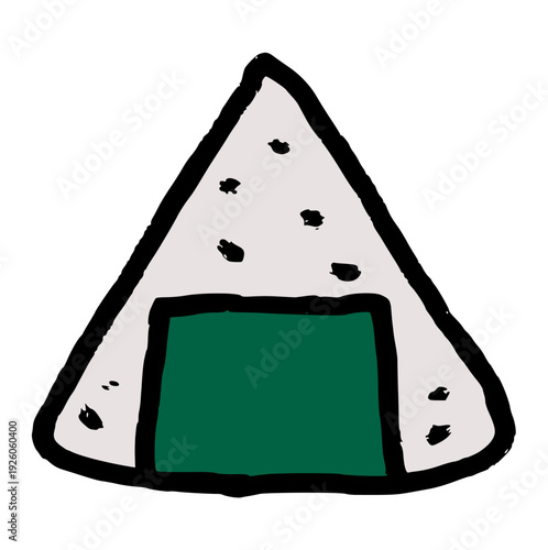 hand drawn japanese onigiri doodle, minimalist rice ball with nori seaweed vector icon, rough texture for asian snack concept