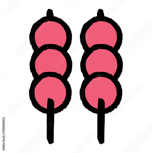hand drawn japanese dango doodle, minimalist pink mochi sweet dumplings vector icon, rough texture asian dessert for snack concept 