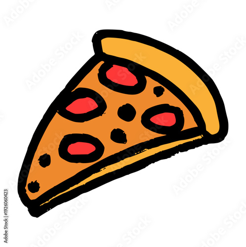 hand drawn pizza slice doodle with pepperoni, cheesy italian fast food vector icon, rough texture element for pizzeria menu or party concept