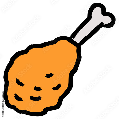 hand drawn fried chicken drumstick doodle, crunchy poultry meat vector icon, rough texture food element for fast food menu concept