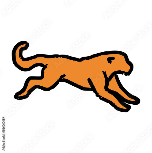 hand drawn leaping leopard doodle silhouette, minimalist jumping tiger or cheetah vector icon, rough texture wild cat for energy concept