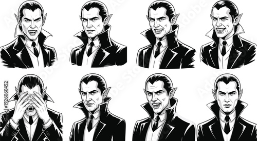 Vampire character portrait set, gothic horror male faces with different expressions isolated on white background illustration