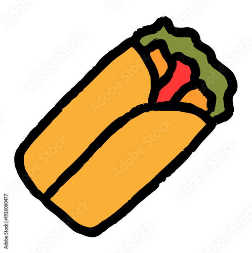 hand drawn kebab wrap doodle, minimalist burrito or shawarma vector icon, rough texture tortilla element for street food menu concept