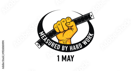 Labor day icon with fist and hard work slogan