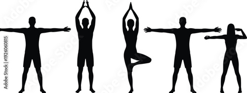 Yoga and stretching silhouettes set, men and women fitness poses isolated on white background illustration