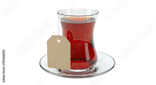 Turkish tea in a traditional glass with a tea bag and tag