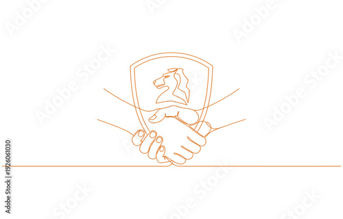 Hands holding shield badge continuous one line drawing.