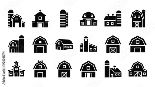A collection of black and white icons depicting various buildings isolated on white background, Vector