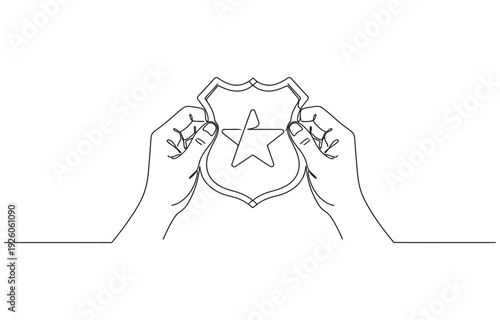 Hands holding shield badge continuous one line drawing.