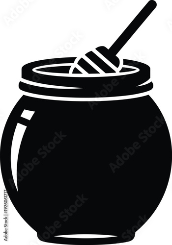 Black and white illustration of a honey pot with a dipper