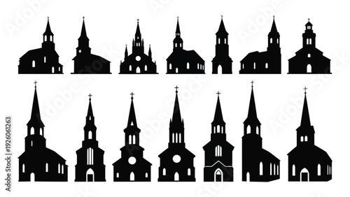 A collection of church silhouettes in various architectural styles isolated on white background, Vector
