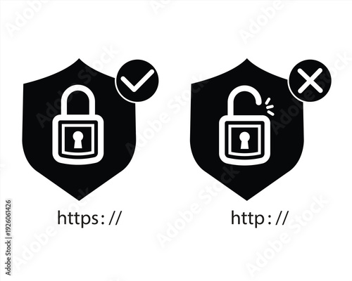 Https and http security certificate icons on a white background. Secure and insecure web protocols. Secure connections. Vector illustration.