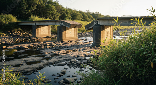 Broken bridge submerged in water illustrating decay and environmental encroachment
