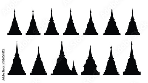 A collection of various stupa silhouettes isolated on white background, Vector