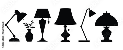 Diverse black silhouette table and floor lamps on a white background, modern and classic lighting fixtures collection
