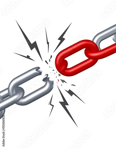 A broken chain link with red and silver parts
