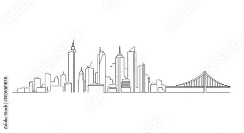 Minimalist line drawing of a city skyline featuring the golden gate bridge
