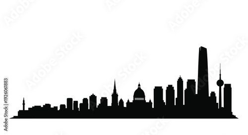 Black silhouette of a city skyline featuring varied building heights and shapes