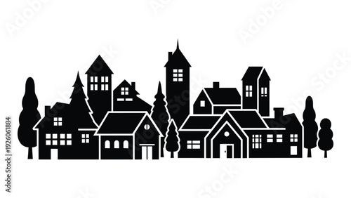 A black and white silhouette of a small town isolated on white background, Vector