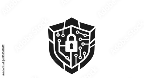A black geometric shield icon with a padlock representing digital security