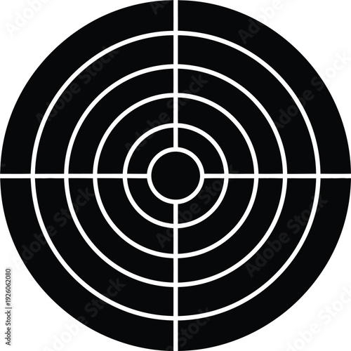 A black and white target with concentric circles and crosshairs