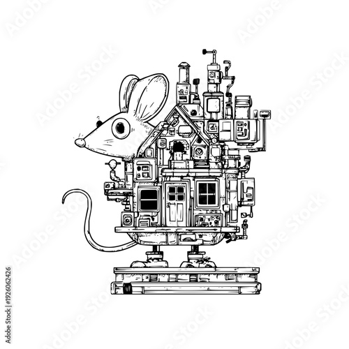 Mouse Driving Steam Powered House on Train Tracks