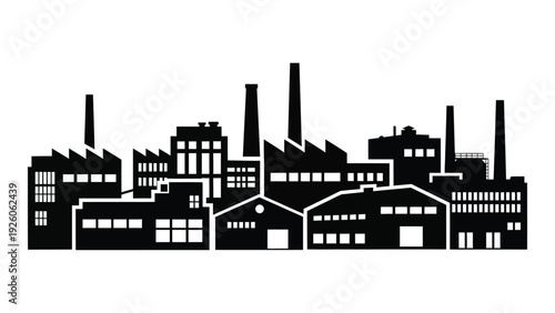 A black silhouette of a city skyline with industrial buildings isolated on white background, Vector