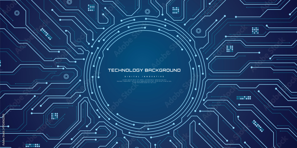 Obraz premium Circuit board background. Technology connected blue lines with electronics elements on technology background.