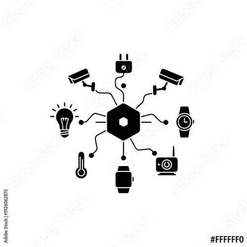 A black and white diagram of various smart devices connected to a central hexagon