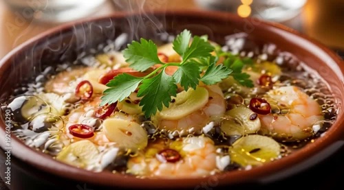 A sizzling plate of Gambas al Ajillo (garlic shrimp) in a terracotta bowl, with olive oil, garlic, and chili flakes