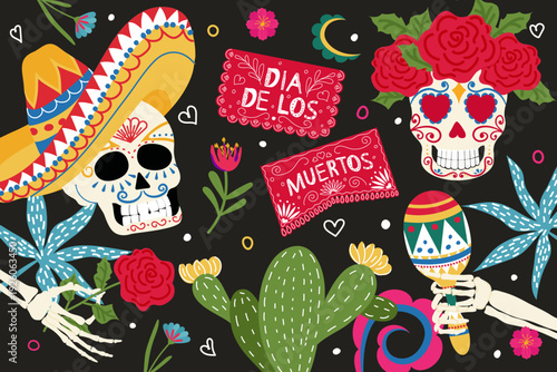 Sketch for a Day of the Dead celebration with hand-drawn skulls and festive decorations. Vector illustration.