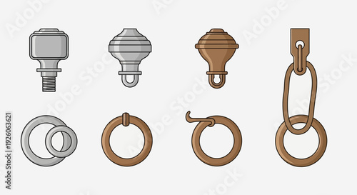 An illustration of curtain hardware including finials and various rings