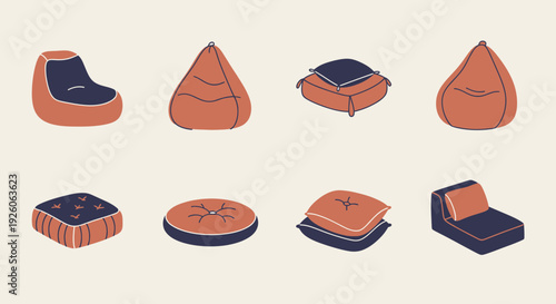 An arrangement of eight stylized minimalist floor seating and cushion illustrations
