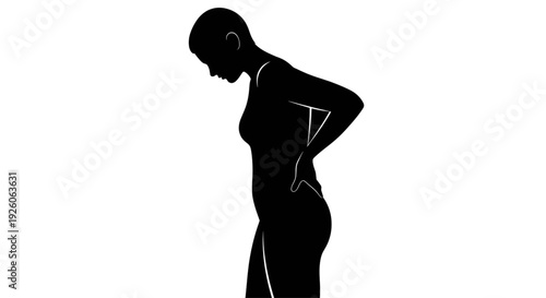 Silhouette of a woman suffering from lower back pain or spinal injury isolated on white background