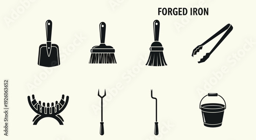 Black silhouette icons of eight forged iron fireplace tools and accessories