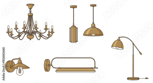 Collection of antiquestyle bronze lighting fixtures against a white background