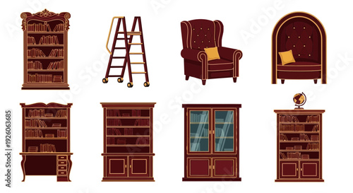 Collection of eight dark wood library furniture pieces and accessories on a white background