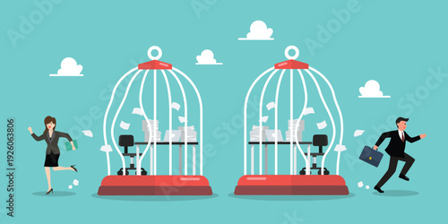 Businessman and woman break free from toxic working desk bird cage