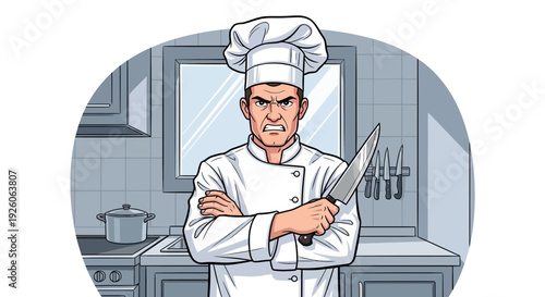 Furious Chef Holding Knife in Kitchen Illustration