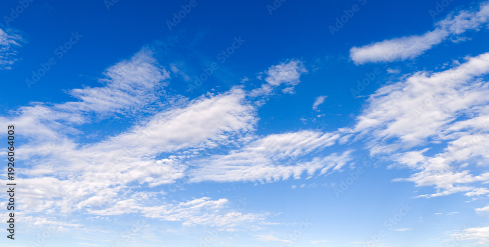 Fototapeta premium Sky blue clouds texture. Bright sky soft backdrop. Daytime sky wallpaper pattern. Sky cloudscape cirrus.