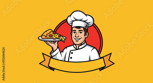Happy Chef Holding Pizza Slice Illustration Mascot Design