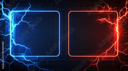 Cyber sport tournament versus logo lightning, electric blue red frame, gaming battle background energy concept