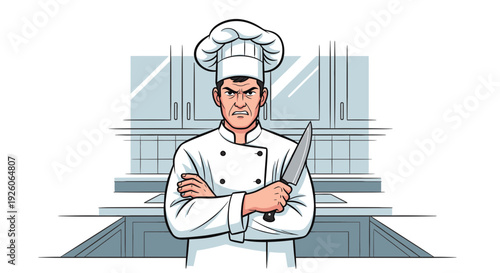 Angry Chef Holding Knife Standing with Crossed Arms in Kitchen