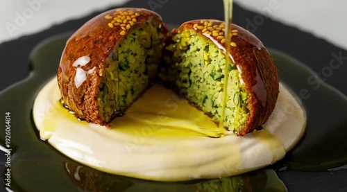 A single, golden-brown falafel ball, cut in half to reveal the vibrant green interior of herbs and chickpeas, on a bed of creamy tahini sauce