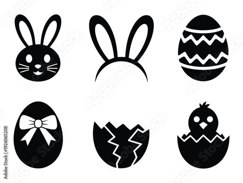 Easter icons featuring bunny face, ears, egg, chick, and broken egg, colorful vector illustration set for holiday