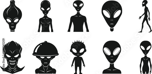 Alien extraterrestrial vector illustration set featuring various martian heads, spooky creatures, scary monsters, grey aliens, and humanoid space beings for science fiction design.