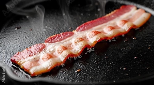 A sizzling strip of bacon in a cast-iron skillet, rendered to crispy perfection. Style Macro shot, high-detail, appetizing