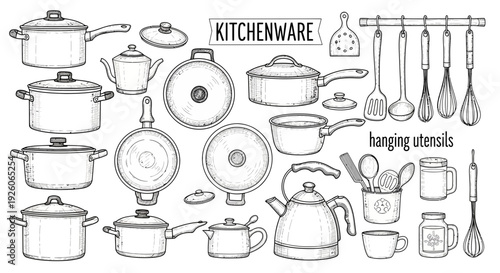 Hand Drawn Kitchenware and Cooking Utensils Set